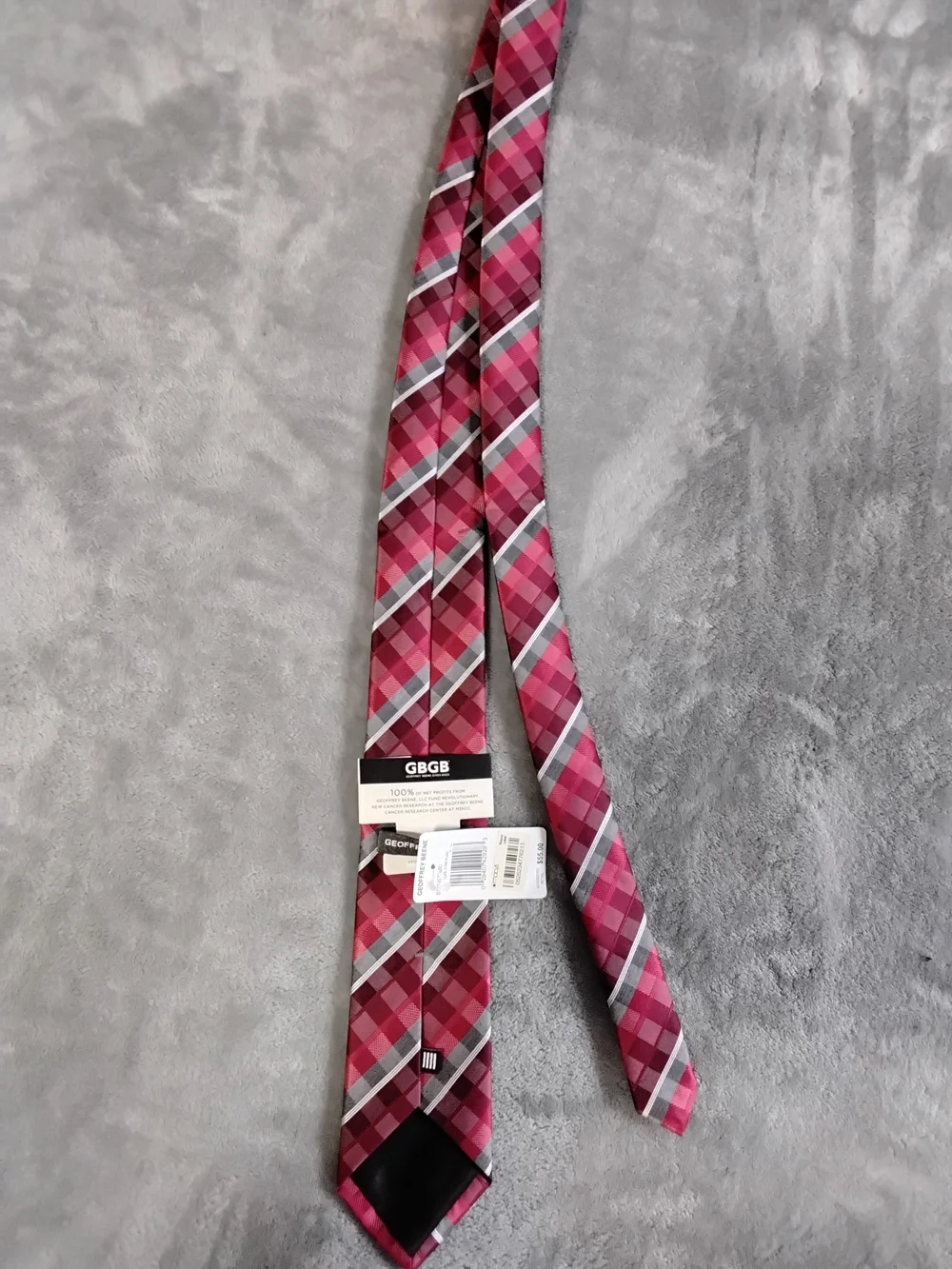 Geoffrey Beene Pink and Gray Plaid Silk Tie